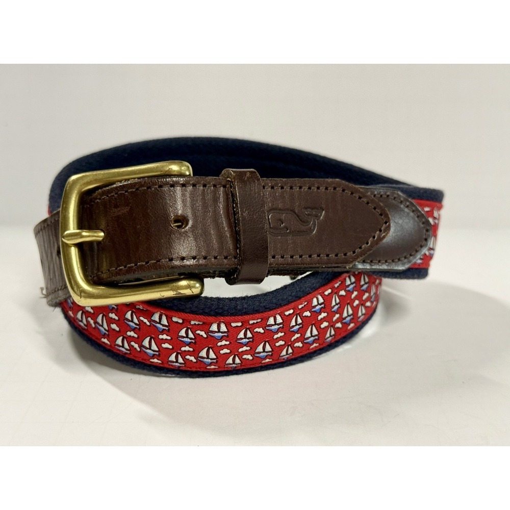 Vtg Vineyard Vines‎ Red Sailboat Belt Solid Brass Buckle Cloth Canvas Leather 32